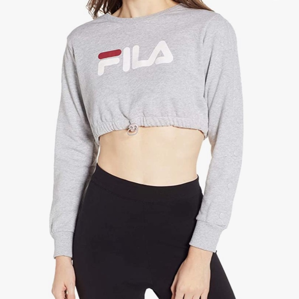 Fila snap sleeve crop sweatshirt in light grey white and red combo size M